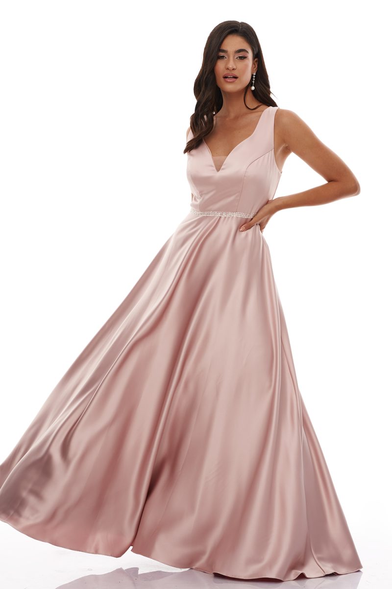Ροζ Σατέν Φόρεμα Λαμπερή Ζώνη