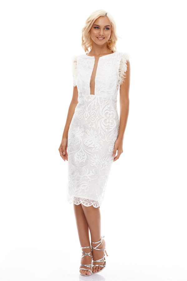 Μίντι Theatral Λευκό Φόρεμα Feathers Sequin