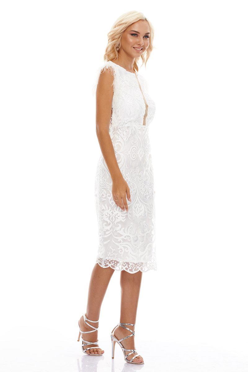 Μίντι Theatral Λευκό Φόρεμα Feathers Sequin