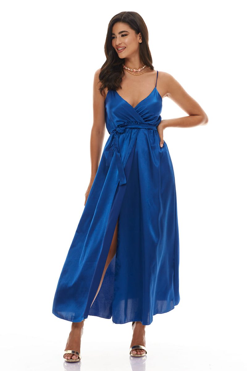 Μακρύ Σατέν Μπλε Ρουά Εξώπλατο Φόρεμα