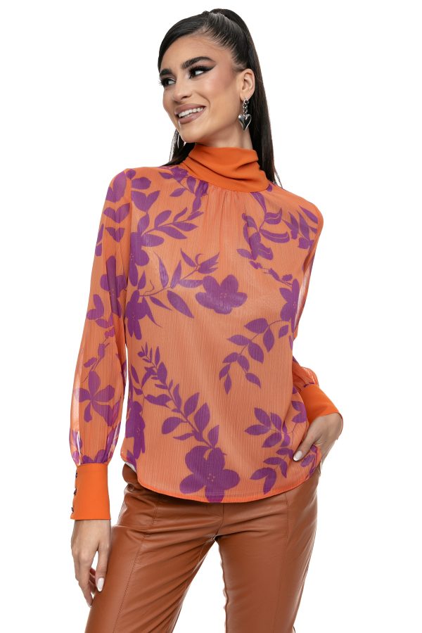 Πορτοκαλί Μπλούζα με Μοναδικό Φλοράλ Σχέδιο