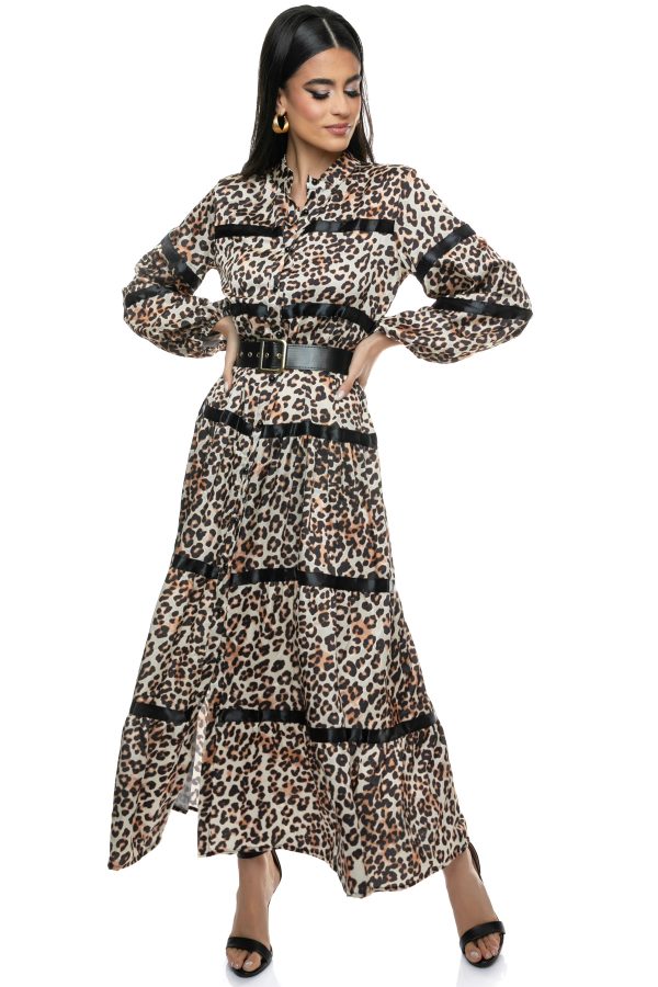 Μάξι φόρεμα Leopard Print, Μακρυμάνικο Φόρεμα με κουμπιά casual