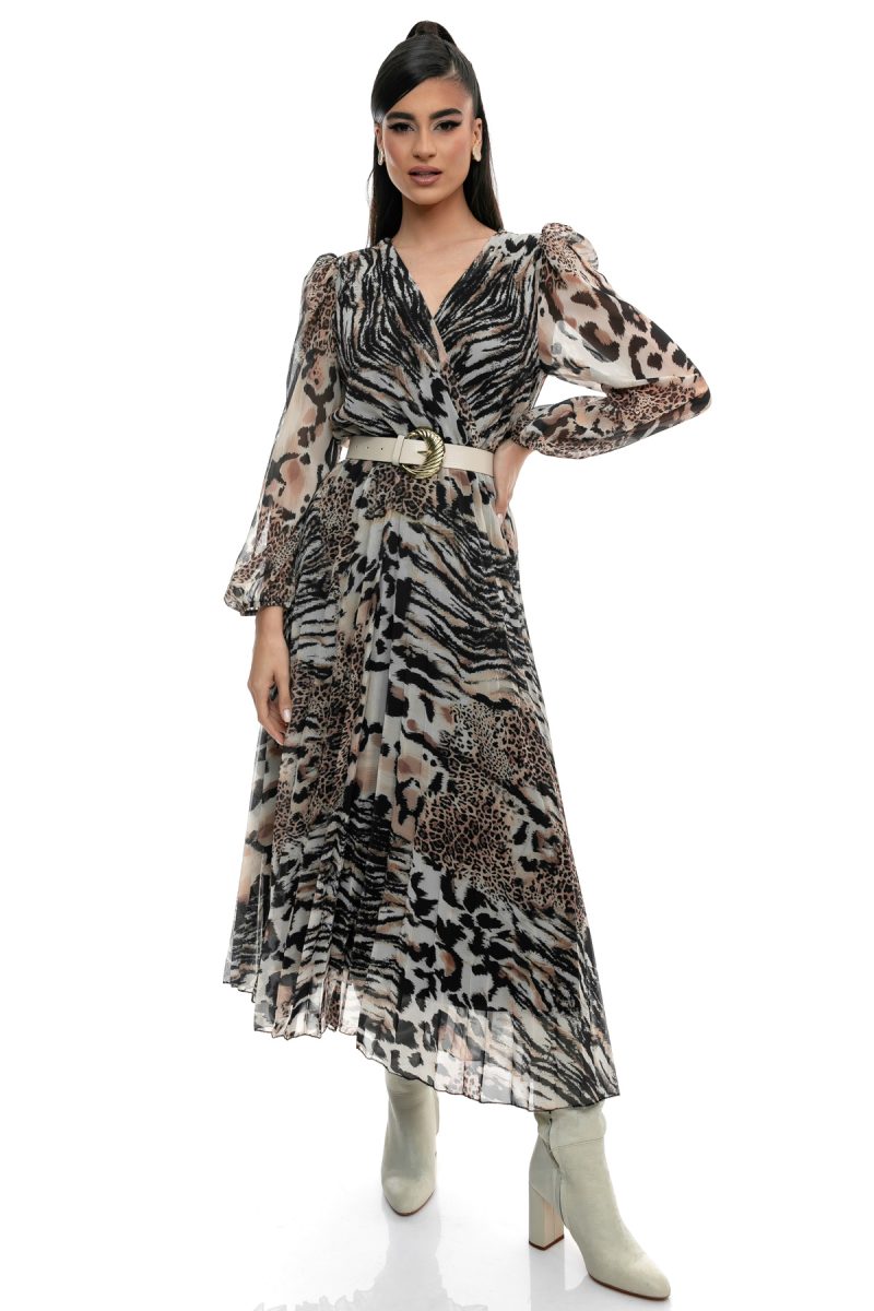 Φόρεμα Μίντι Ζορζέτα με Ζώνη και Μπαρόκ Σχέδια - Κομψότητα και Στυλ