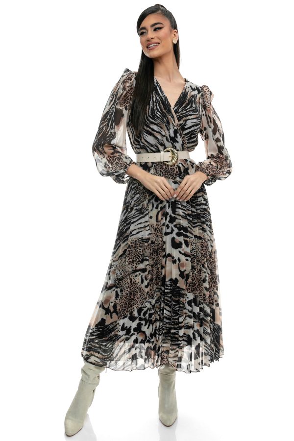 Φόρεμα Μίντι Ζορζέτα με Ζώνη και Μπαρόκ Σχέδια - Κομψότητα και Στυλ