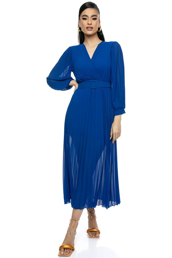 Μπλε Φόρεμα Πλισέ με Ζώνη – Εκλεπτυσμένη Κομψότητα για Κάθε Περίσταση