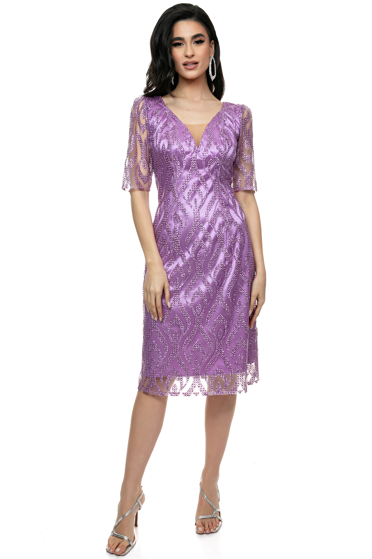 Κομψό Φόρεμα Μίντι με Διαφανή Δαντέλα και Στρογγυλή Λαιμόκοψη - Ιδανικό για Επίσημες Περιστάσεις