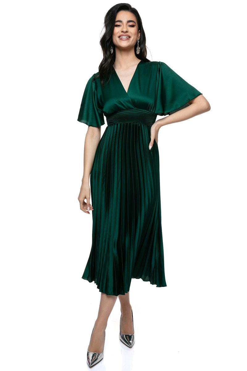 Πολυτελές Σατέν Πλισέ Φόρεμα σε Ελεγκάν Πράσινο
