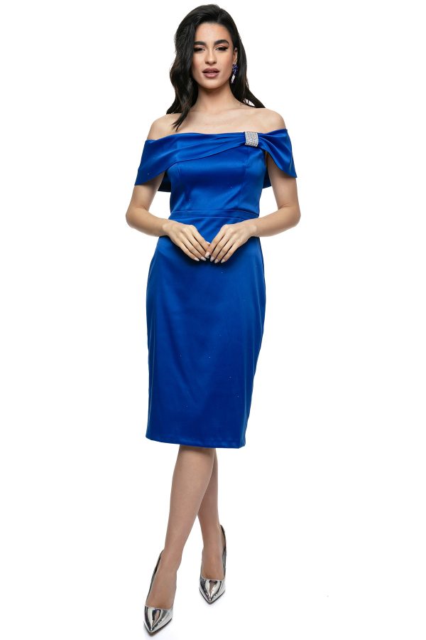 "Μίντι Φόρεμα σε Ζωηρό  μπλε με Εντυπωσιακή Μεταλλική Καρφίτσα