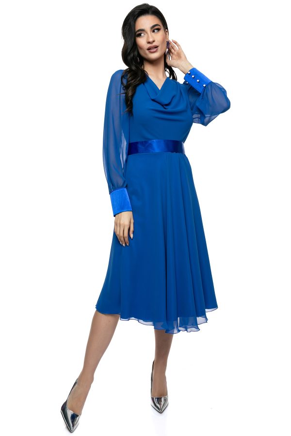 Μπλε Μουσελίνα Φόρεμα με Σατέν Λεπτομέρειες