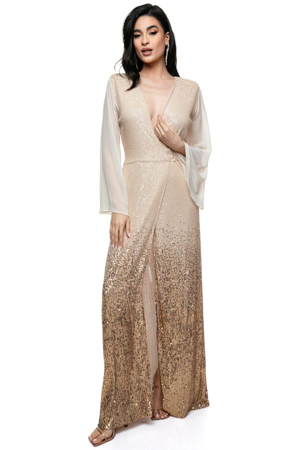 Φόρεμα Επίσημο Ντεγκραντέ με Μουσελίνα Μανίκια και Παγιέτες - Χρυσαφένια Λάμψη