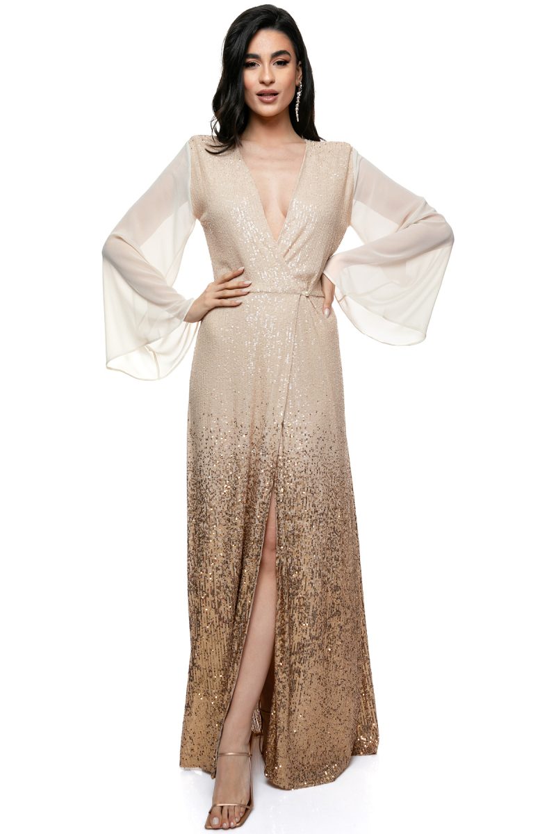 Φόρεμα Επίσημο Ντεγκραντέ με Μουσελίνα Μανίκια και Παγιέτες - Χρυσαφένια Λάμψη