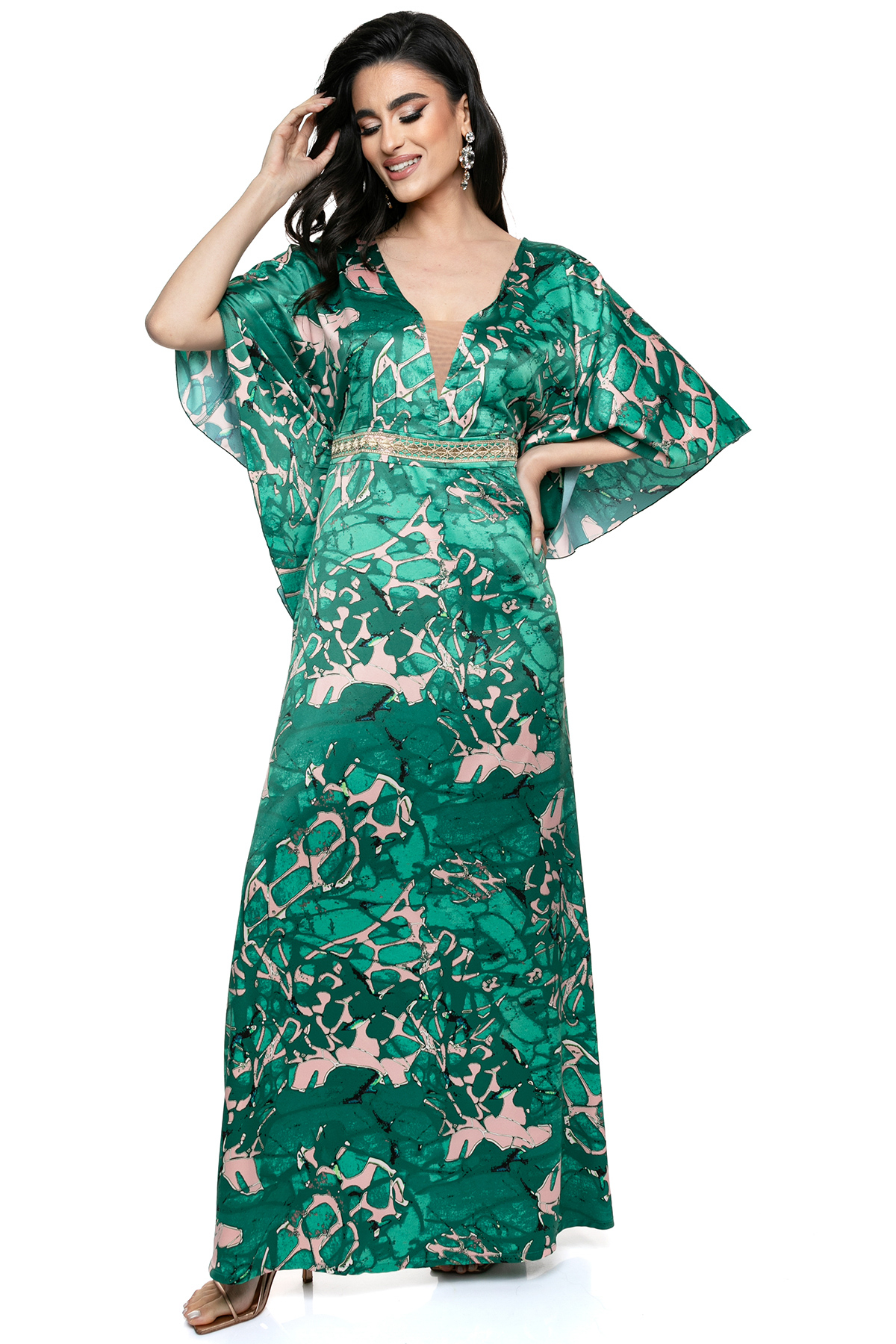 Φόρεμα Plus Size με Ανάλαφρη Γραμμή και Εκλεπτυσμένο Πράσινο Μοτίβο