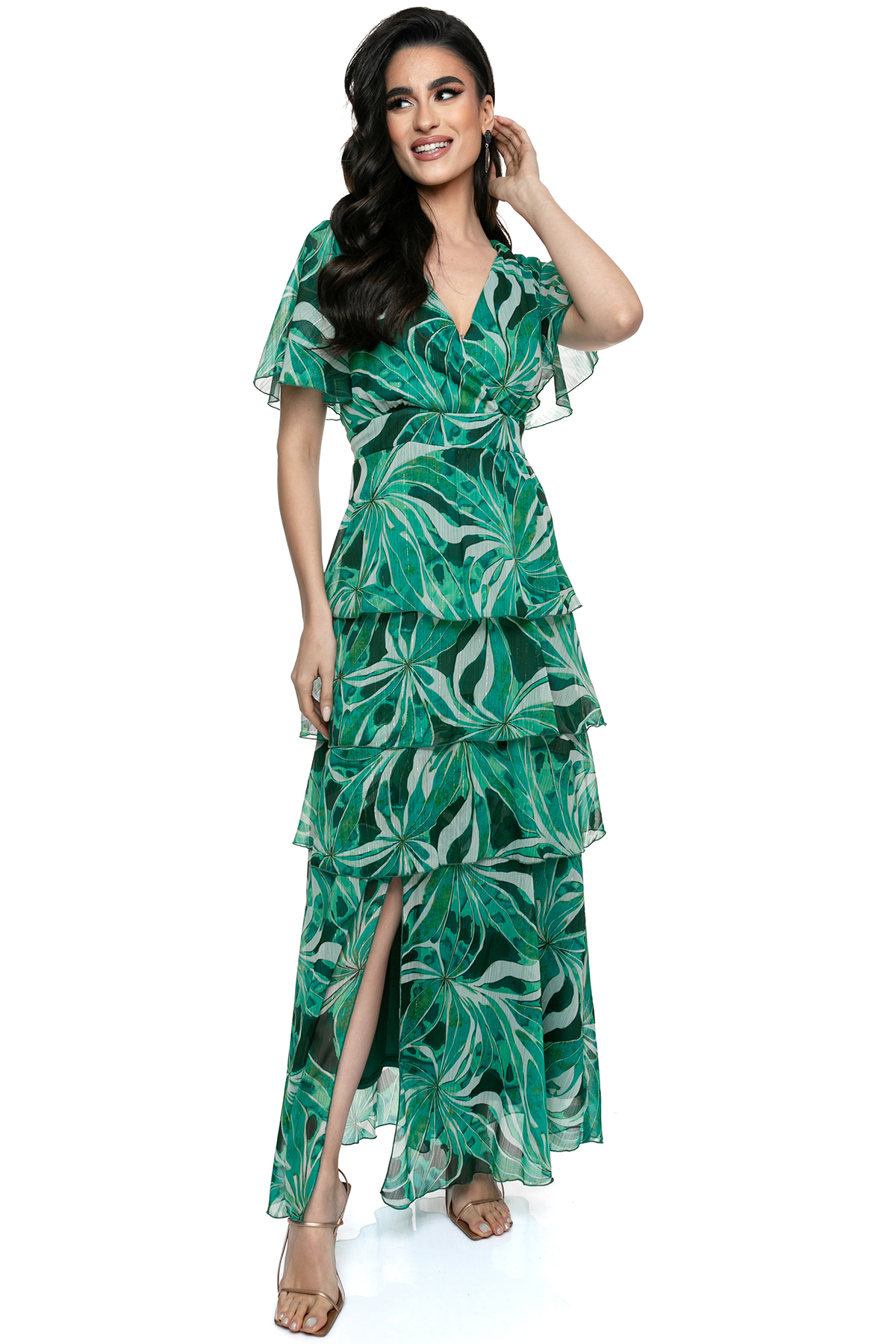 Φόρεμα Plus Size με Βολάν και Τροπικό Πράσινο Μοτίβο