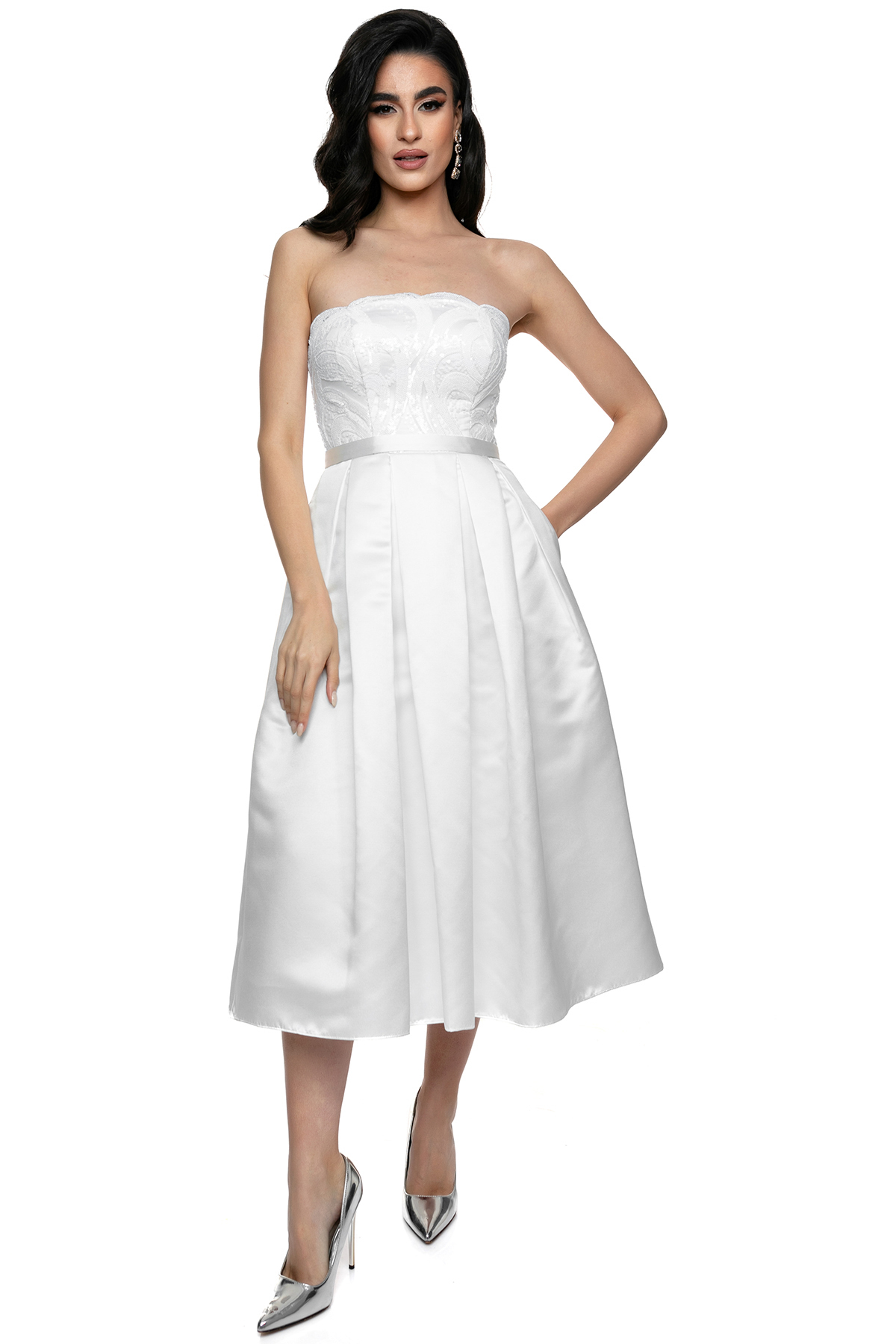 Κομψό Λευκό Στράπλες Φόρεμα με Παγιέτα Δαντέλα στο Πάνω Μέρος