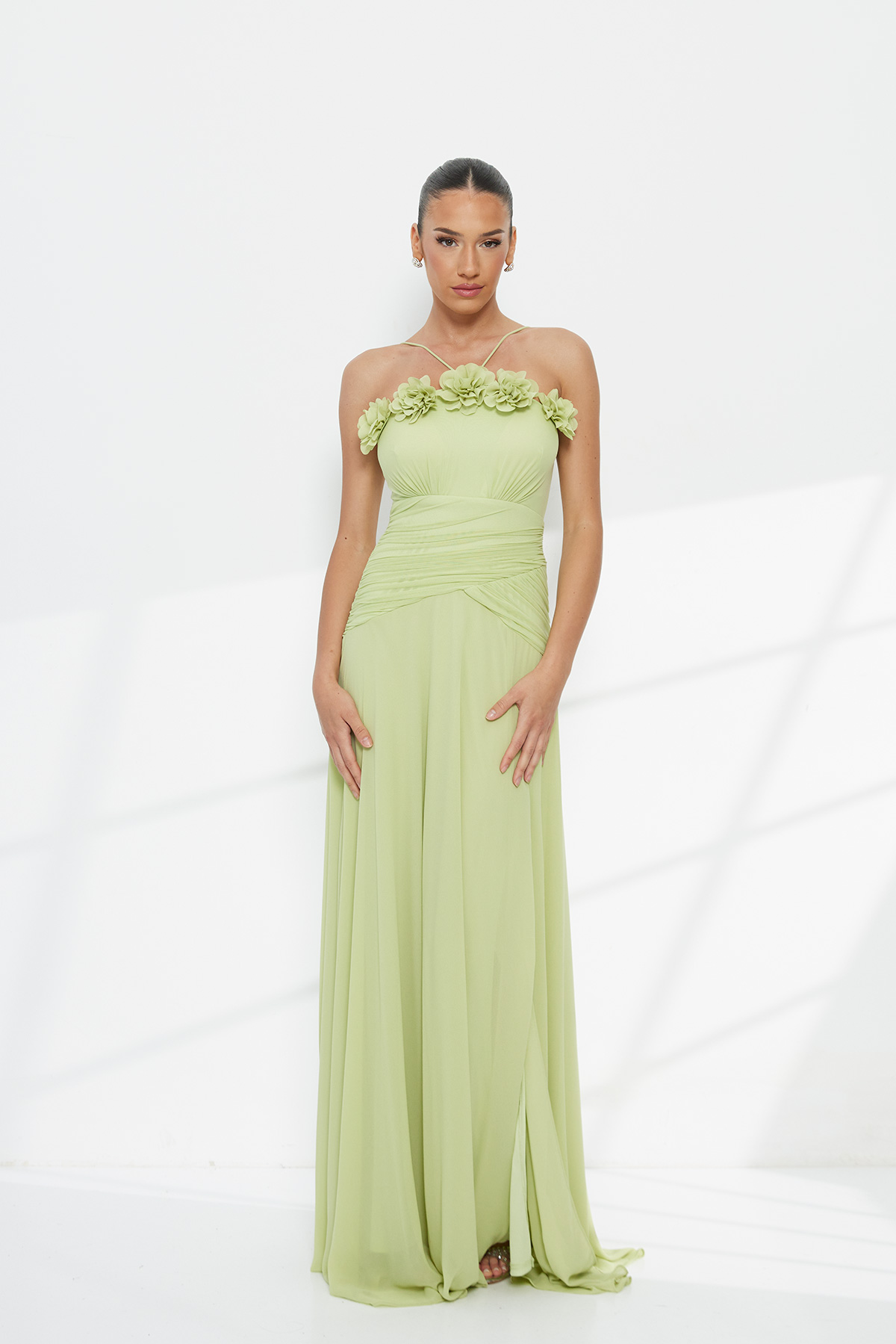 Maxi Αμπιγιέ Φόρεμα με Drapé Εφαρμογή και Floral Λεπτομέρεια