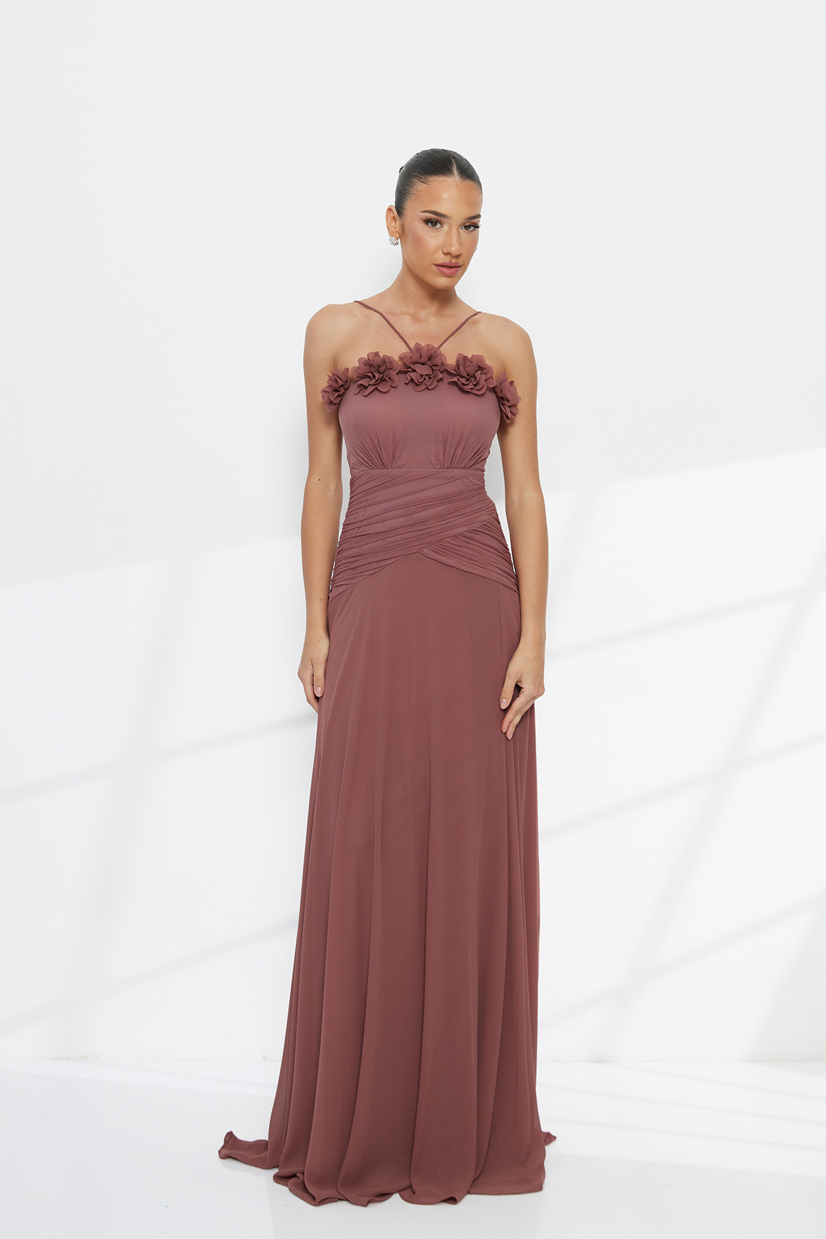 Maxi Αμπιγιέ Φόρεμα με Drapé Εφαρμογή και Floral Λεπτομέρεια