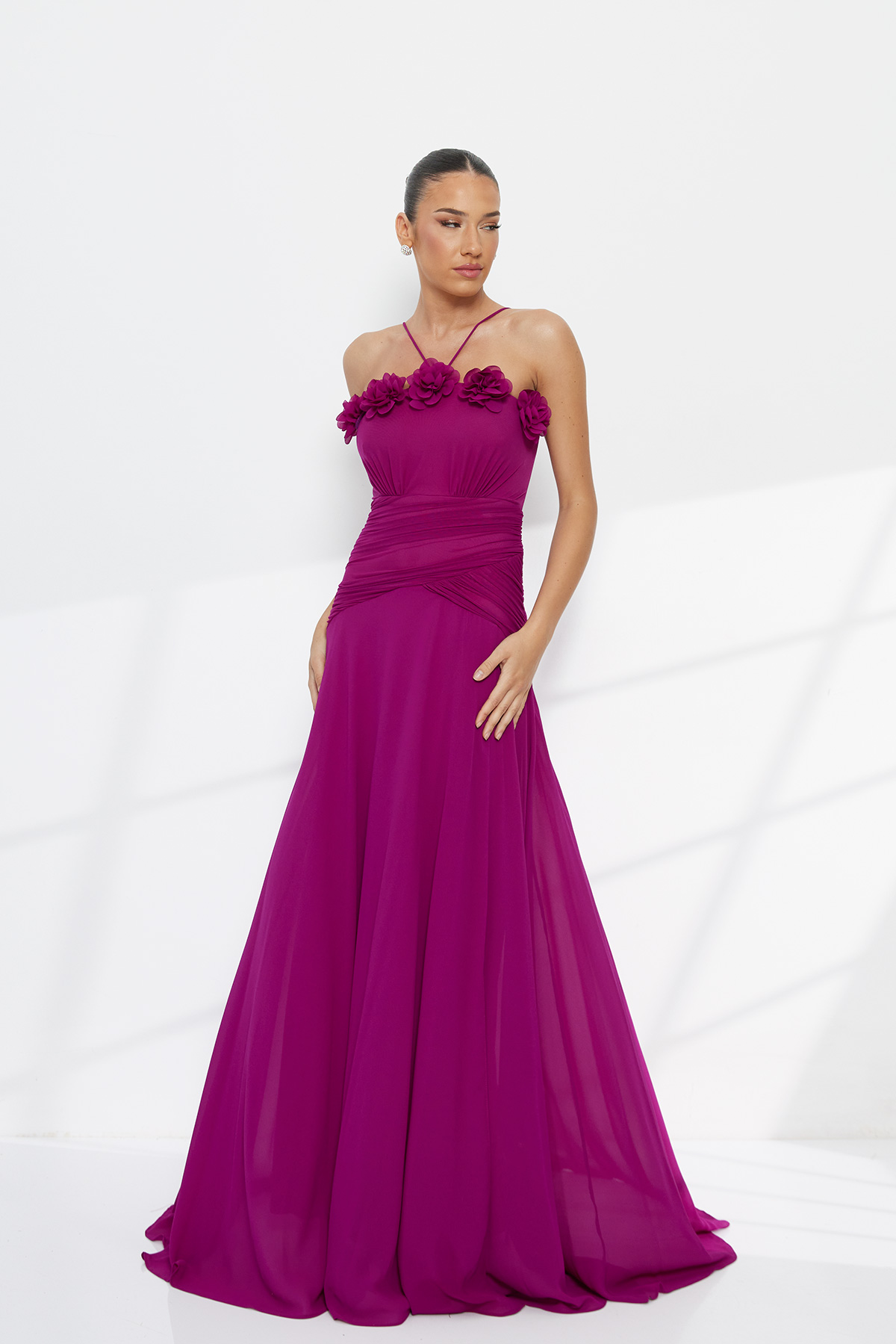 Maxi Αμπιγιέ Φόρεμα με Drapé Εφαρμογή και Floral Λεπτομέρεια